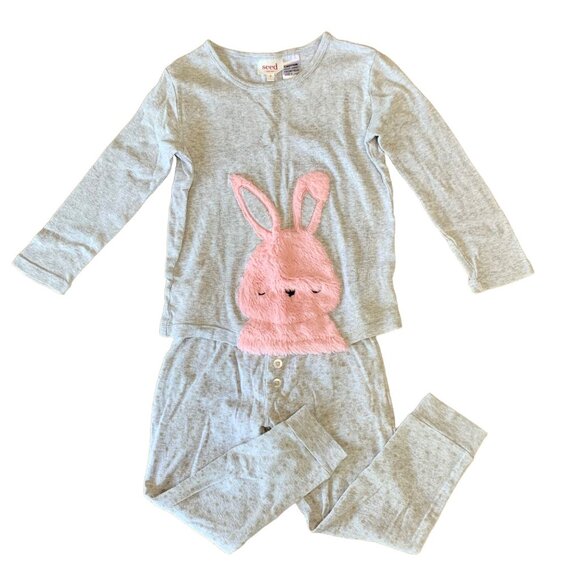 SEED HERITAGE Bunny Pajamas Girls 5 5T Grey Pink Rabbit Tail Fluffy Easter PJs - Picture 1 of 11